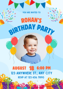 Blue Playful Little Boy with Balloons Colorful Happy Birthday Party Invitation